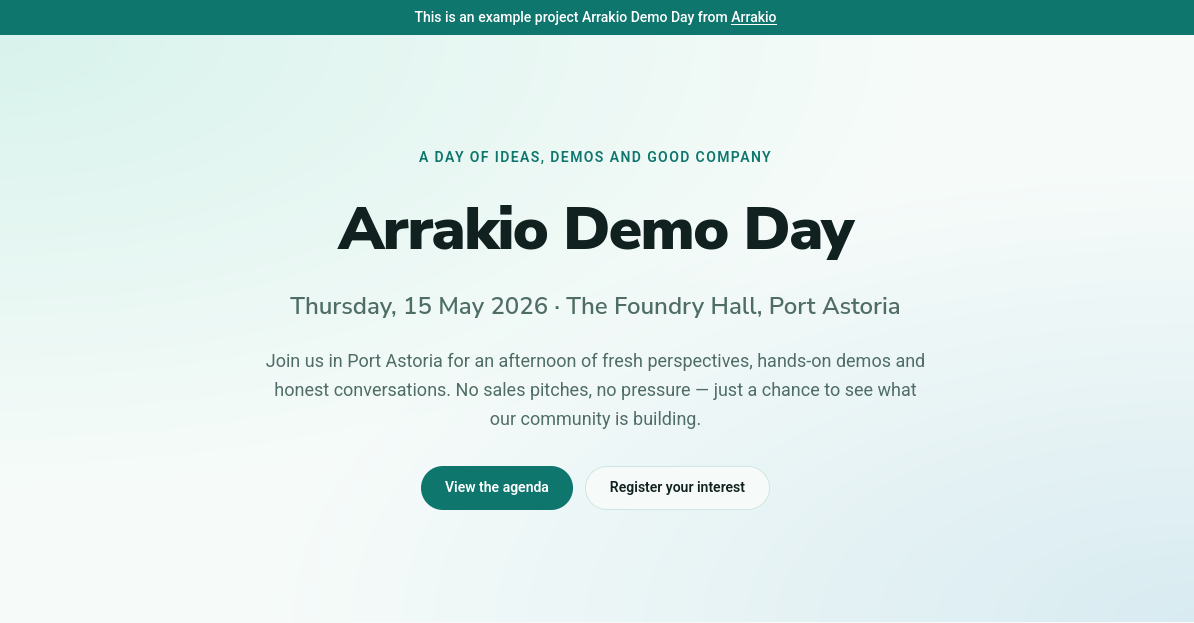 Screenshot of the event page, an Arrakio example project
