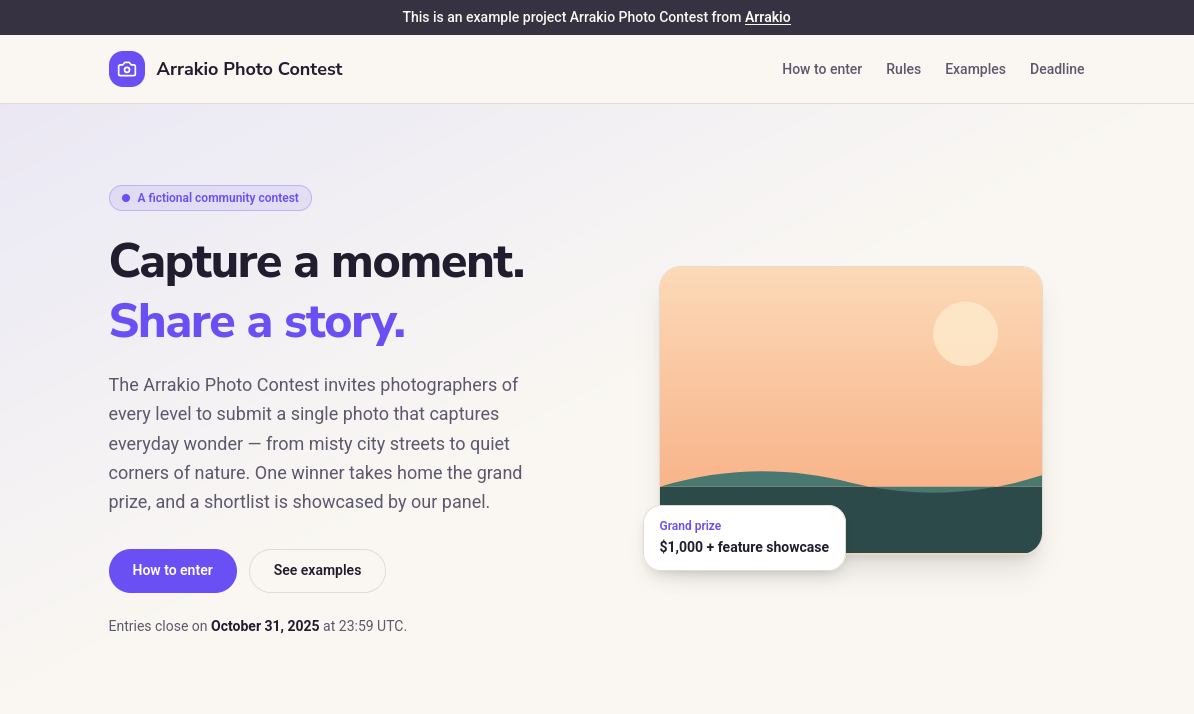 Screenshot of the photo contest page, an Arrakio example project