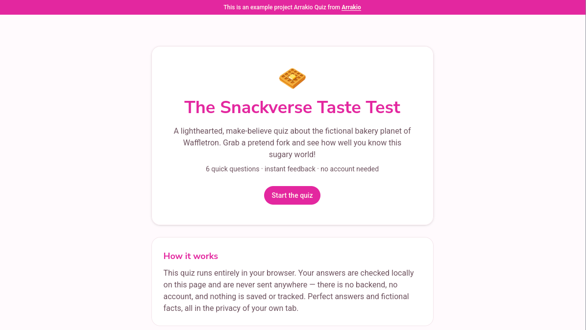 Screenshot of the interactive quiz, an Arrakio example project